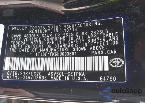 2017 Toyota Camry Xse from USA, damaged, VIN 4T1BF1FK6HU693601